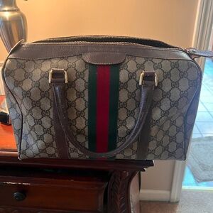 Gucci Brown and Green Duffel Bag with Signature Web Stripe